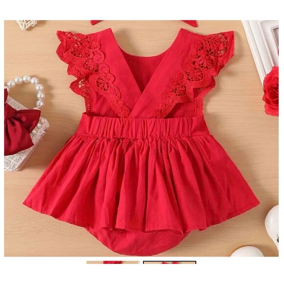 Baby Girl Red Romper with Bow and Lace details 12-18 Months - Picture 2 of 8